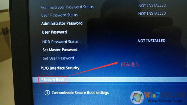 在Security選項(xiàng)下選擇Secure Boot回車(chē)