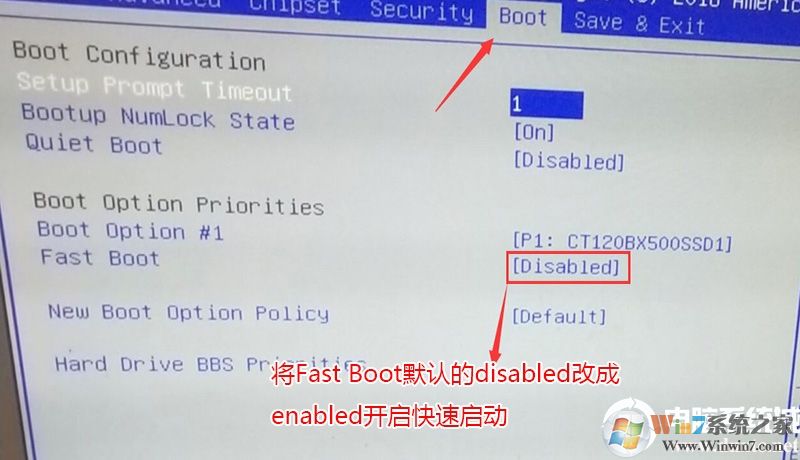 將Fast Boot默認(rèn)的disabled改成enabled，開啟快速啟動(dòng),