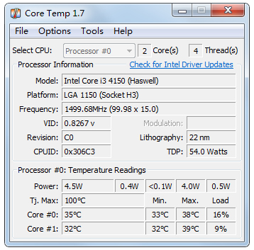 CoreTemp(測量CPU溫度) v1.9綠色漢化版