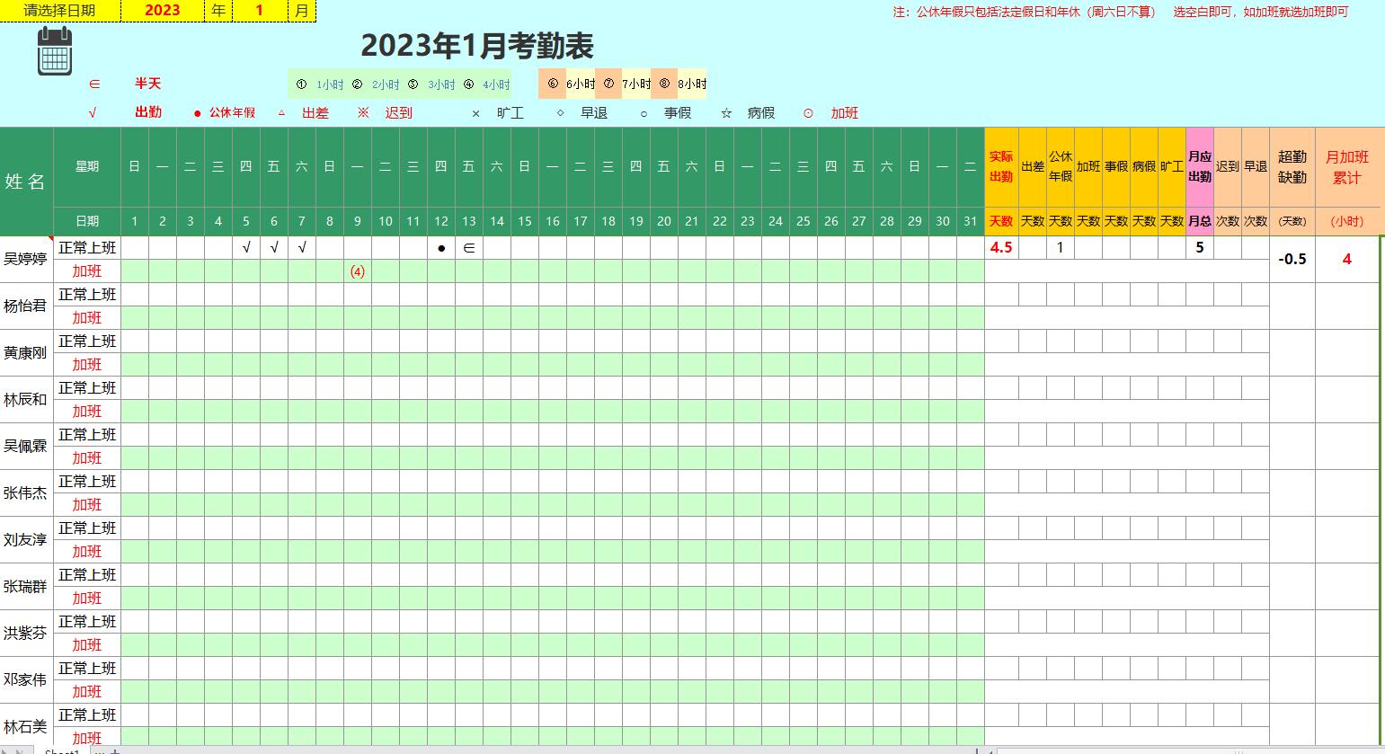 酒店員工考勤表模板Excel